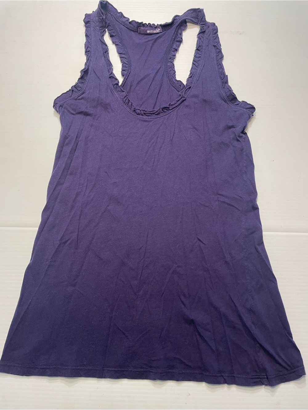 LA Made Racerback Cotton Tank Top Ruffle Edges Sz L Navy Blue/Purple
